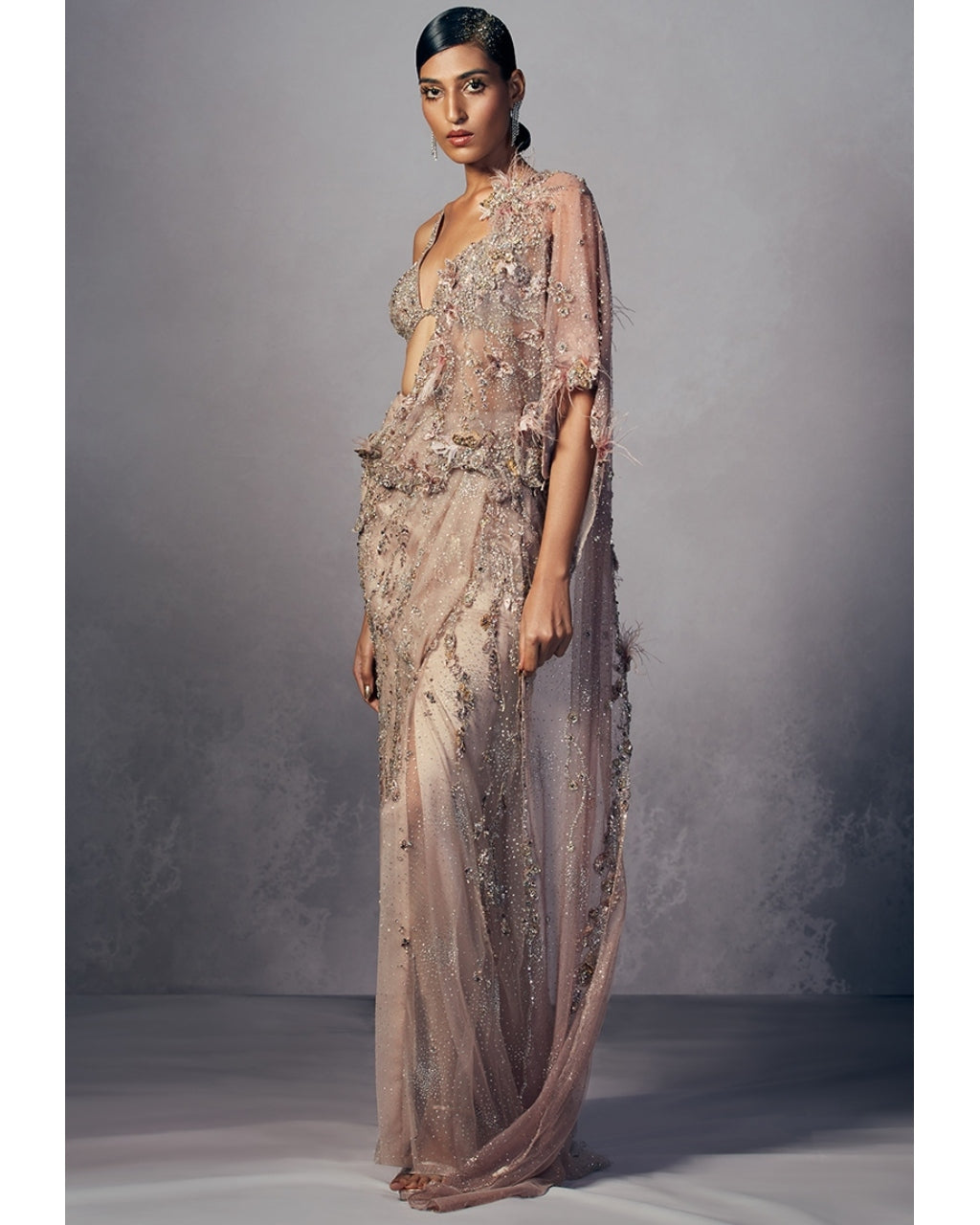 Joyce Shimmer Tulle Draped Sari Set