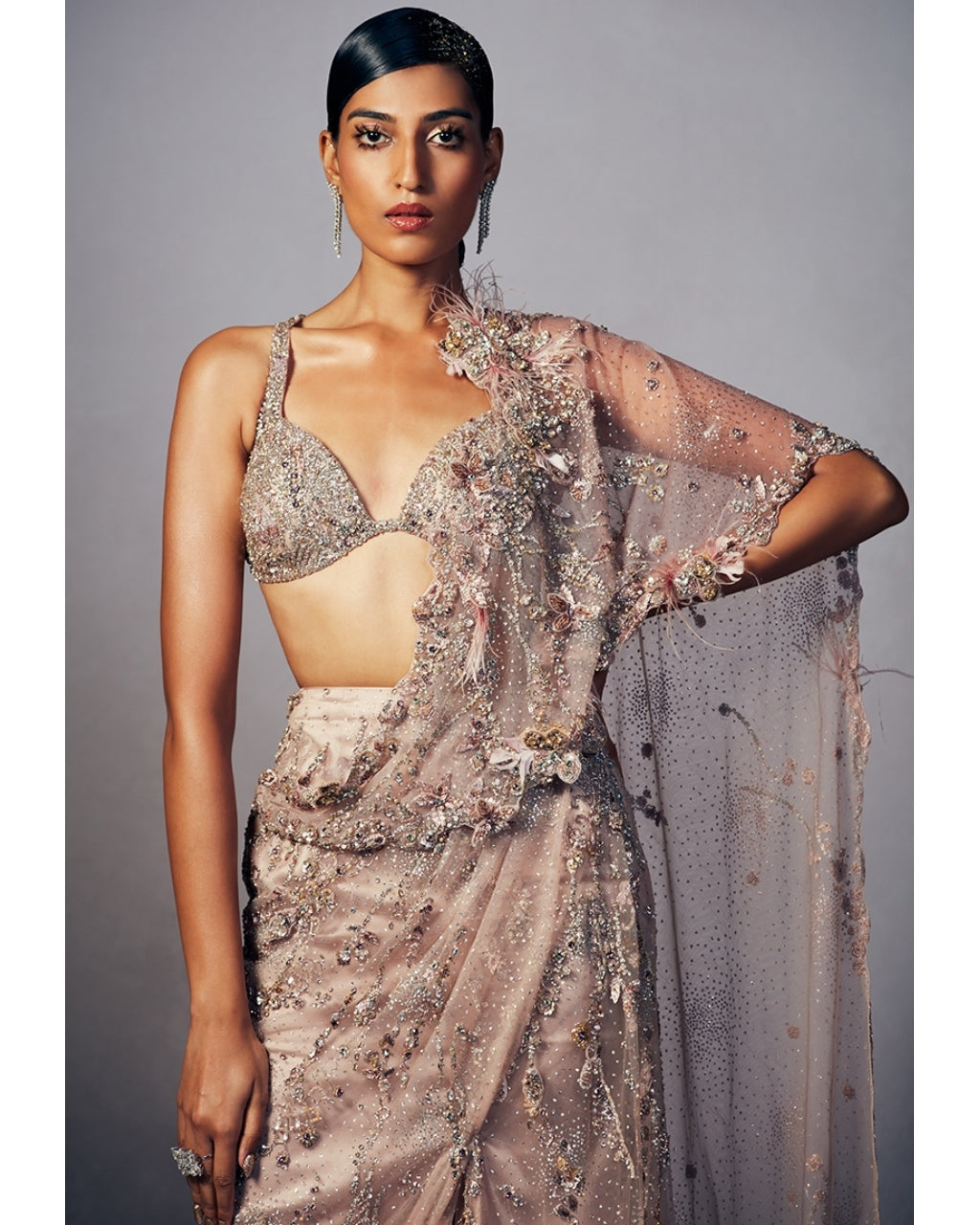 Joyce Shimmer Tulle Draped Sari Set