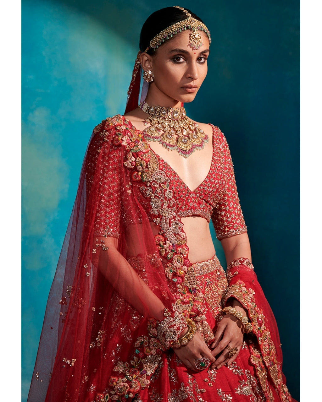 Etta Carmine Red Floral Garden Bridal Lehenga Set