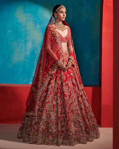 Etta Carmine Red Floral Garden Bridal Lehenga Set