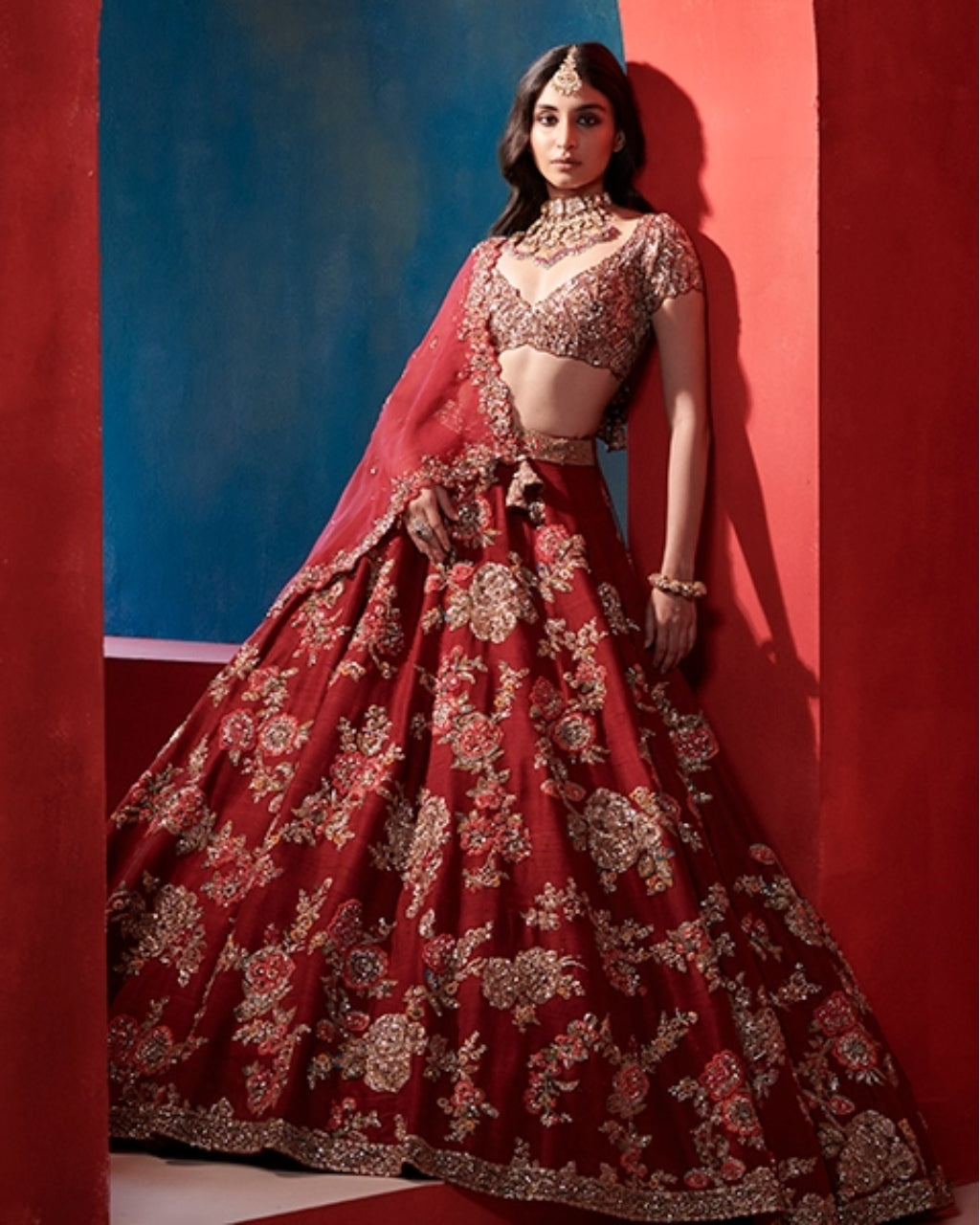 Leia Burgundy Big Floral Jaal Bridal Lehenga Set