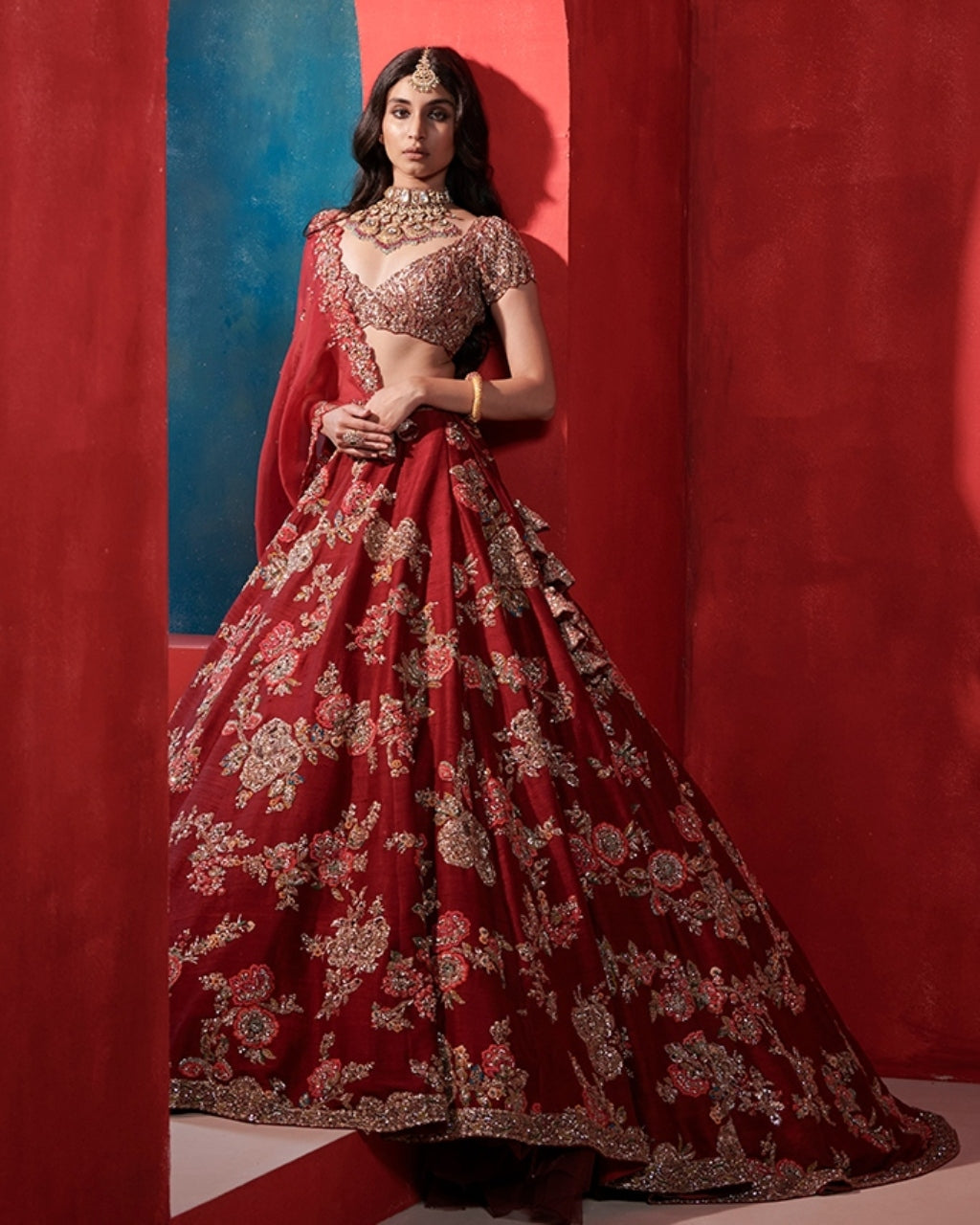 Leia Burgundy Big Floral Jaal Bridal Lehenga Set