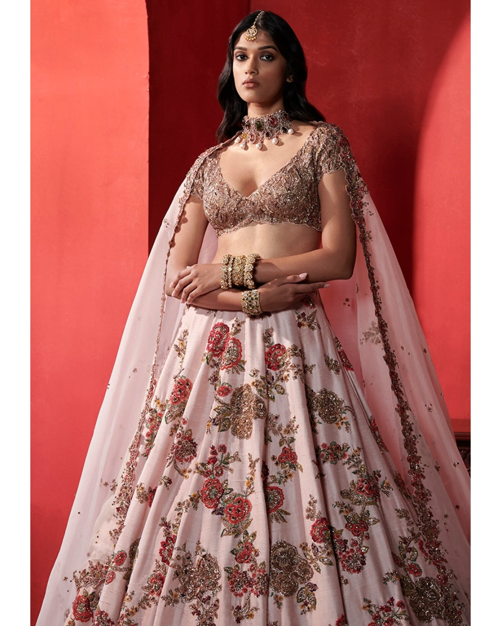 Leia Seashell Pink Big Floral Jaal Bridal Lehenga Set