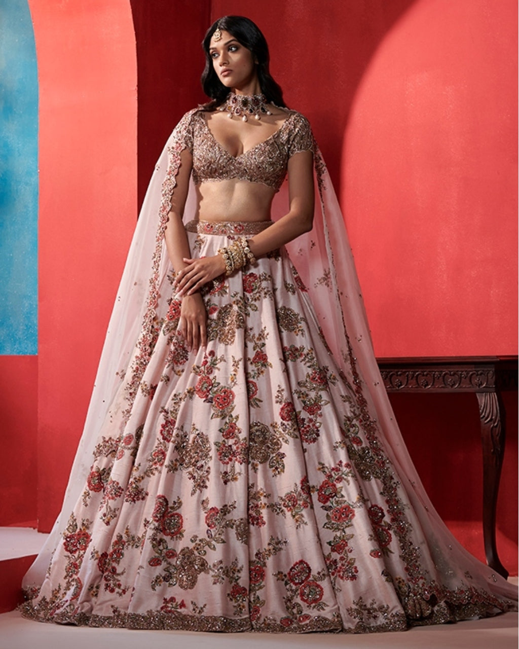 Leia Seashell Pink Big Floral Jaal Bridal Lehenga Set