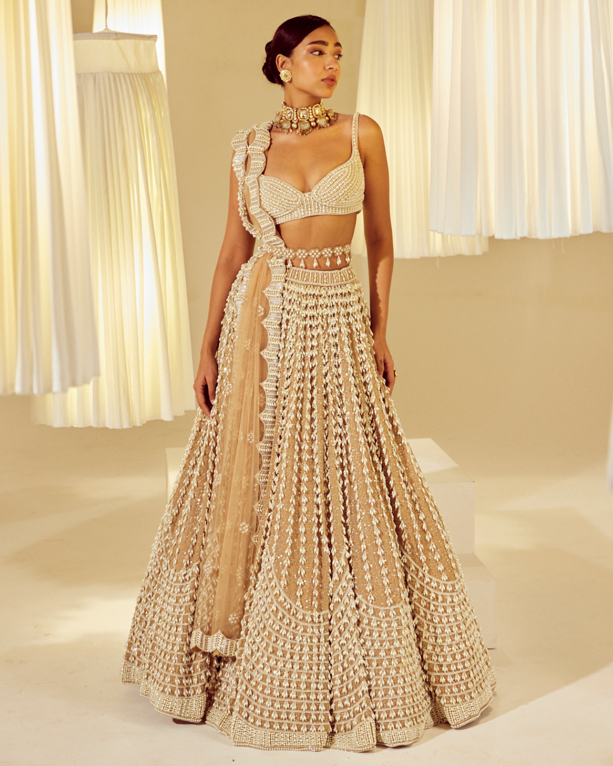 Beige Linear And Scallop Pearl Detail Lehenga Set by VVani by Vani Vats