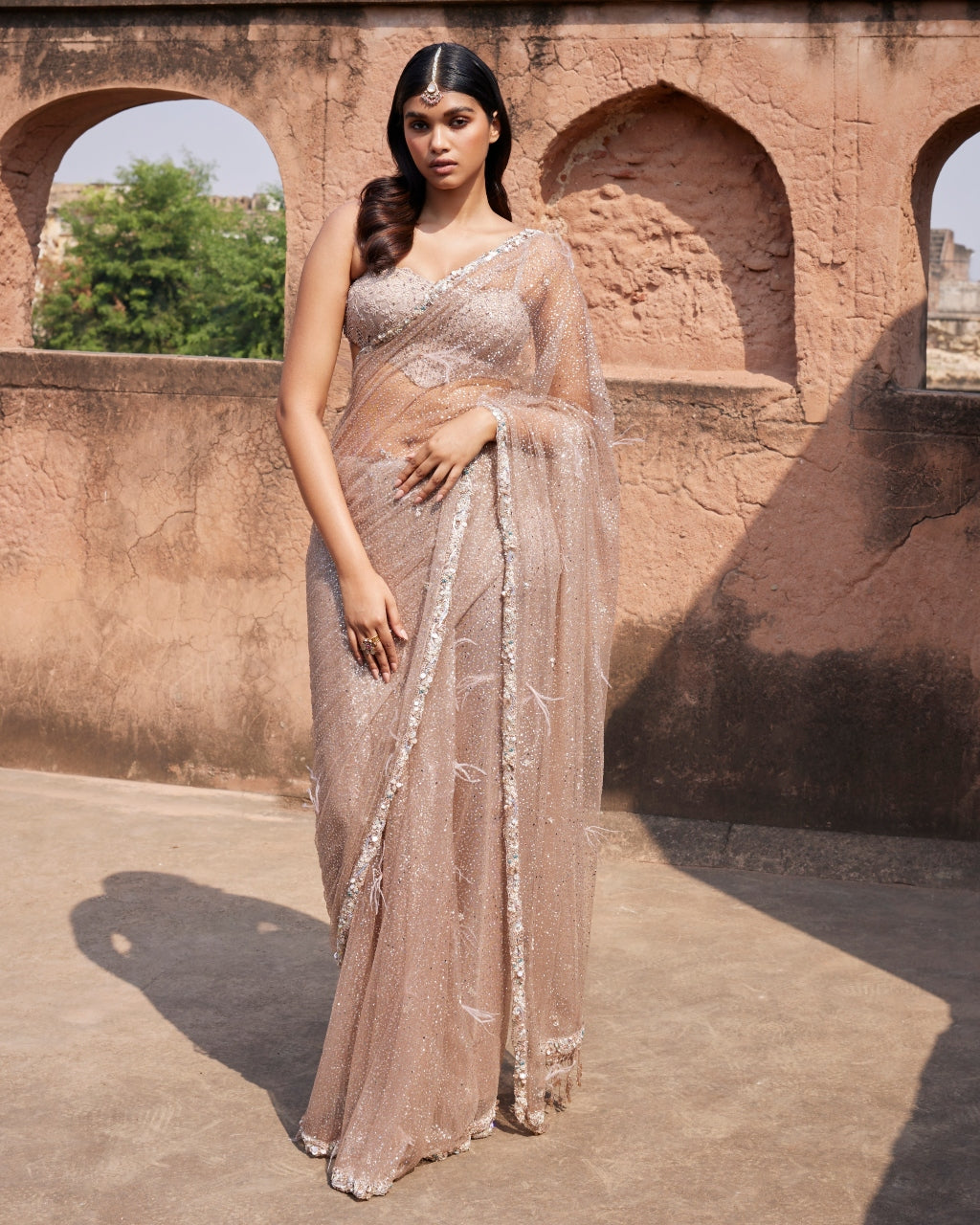 Arete Dusty Ivory Shimmer Tulle Bridal Sari