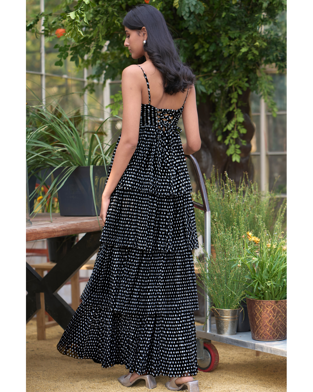 Pleated Polka Dot Tiered Maxi