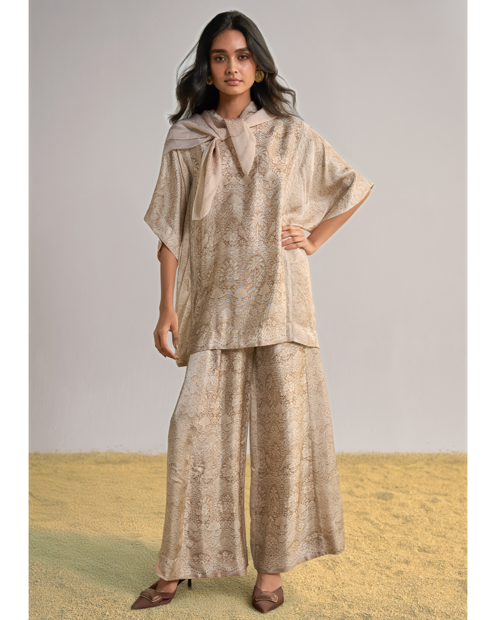 Lace Printed Wide-Legged Pant Set