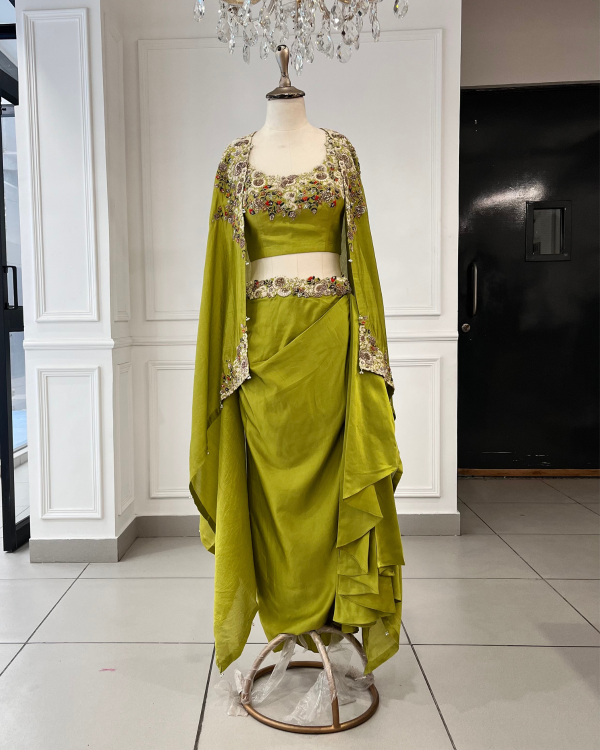 Green Cape And Draped Skirt Set
