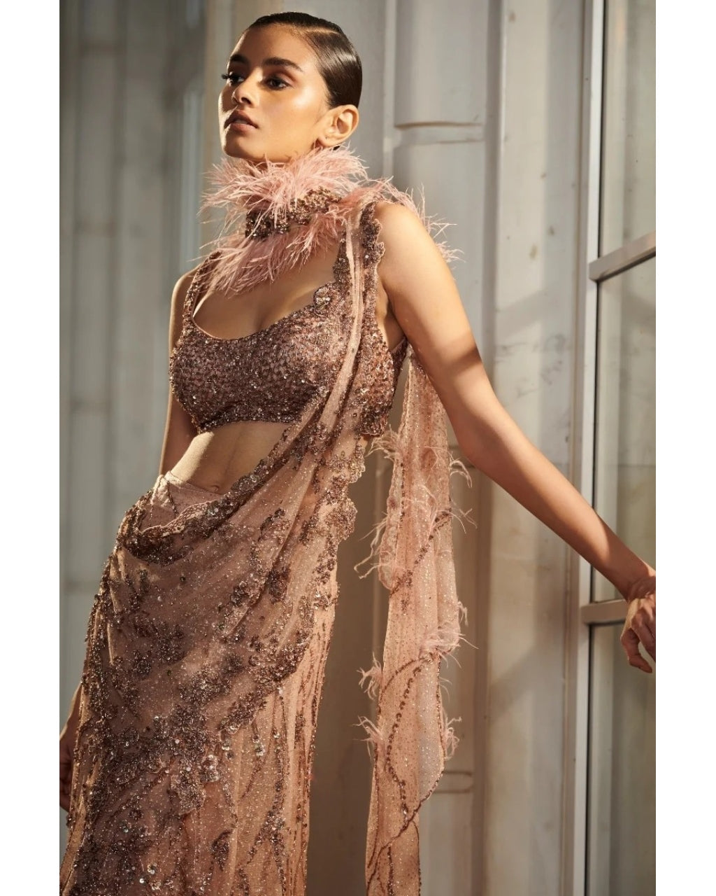 Pearlette Salmon Pink Bridal Shimmer Tulle Drape Sari