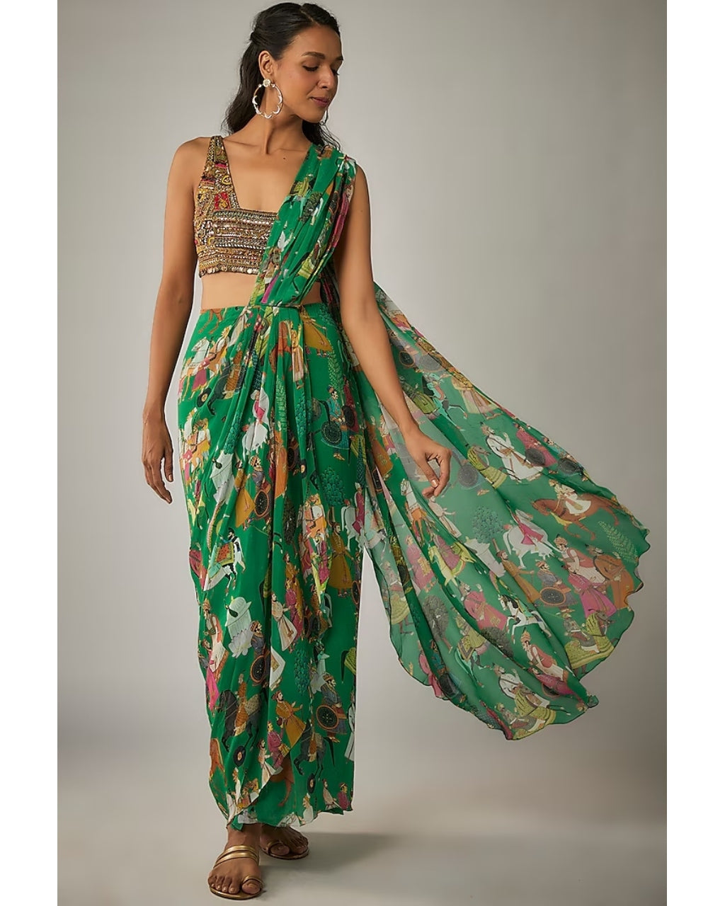 Green Printed Mughal Rhapsody Pre Draped Sari Set