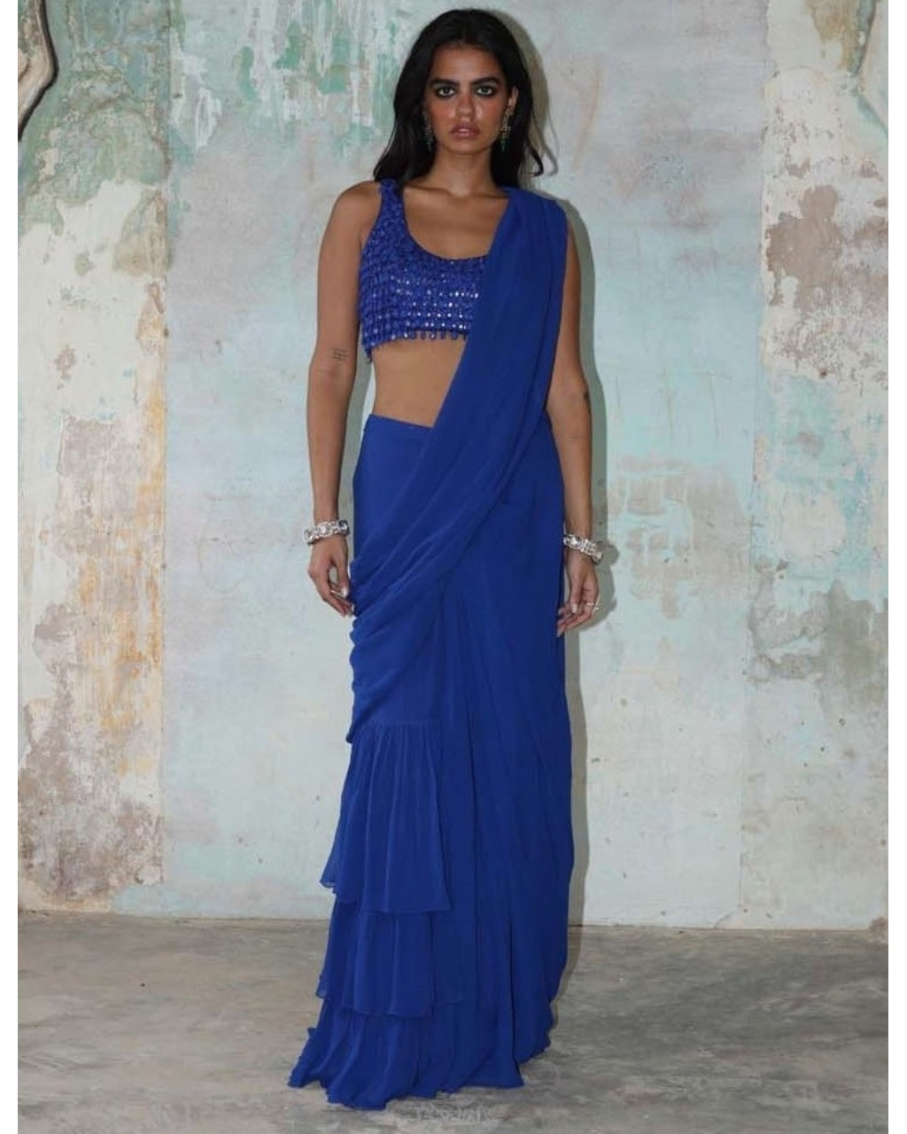 Blue Solid Ruffle Sari With Sleeveless Blouse Set