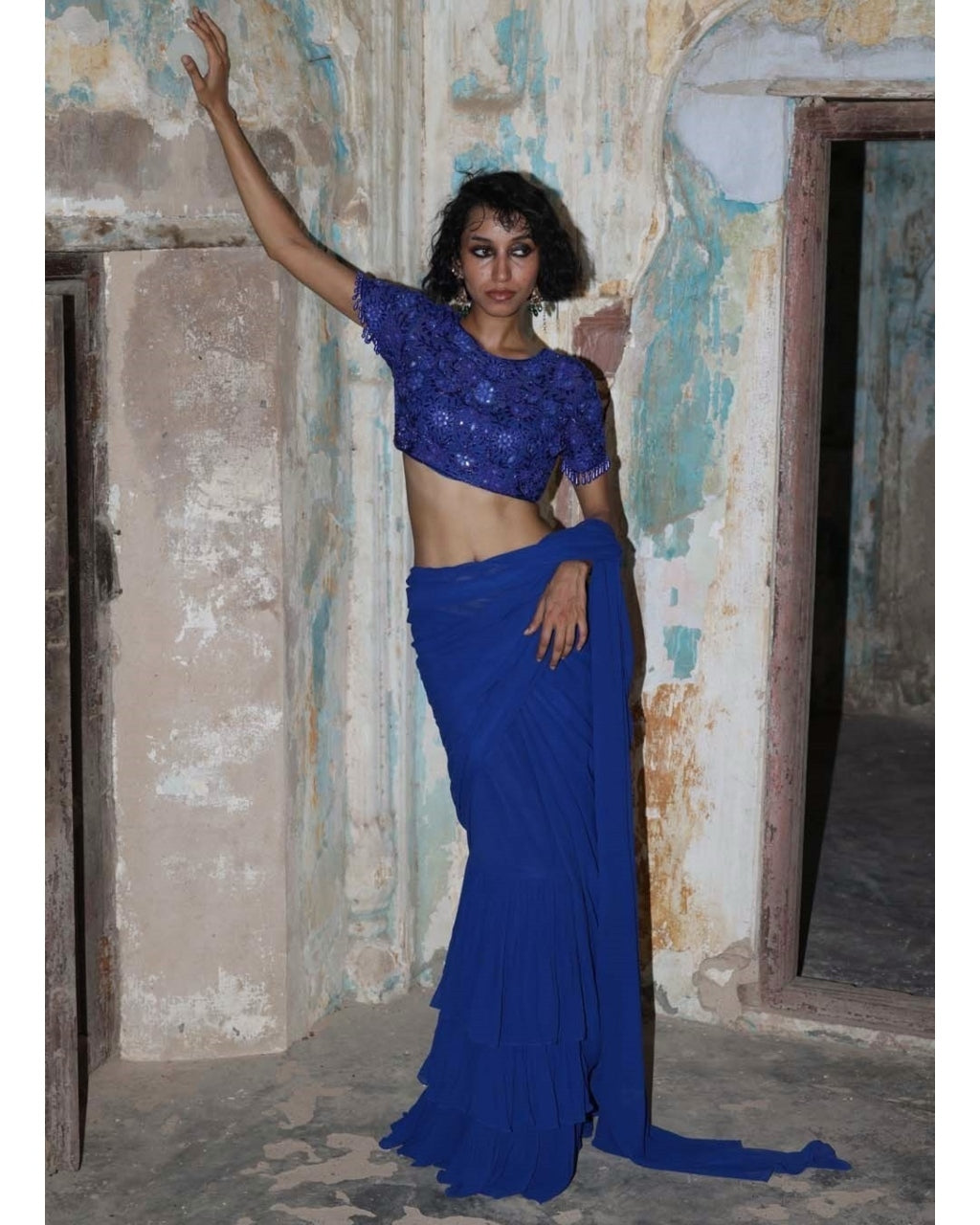 Blue Solid Ruffle Sari Set