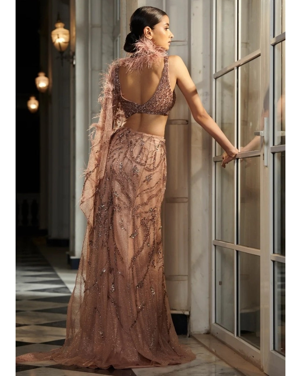 Pearlette Salmon Pink Bridal Shimmer Tulle Drape Sari