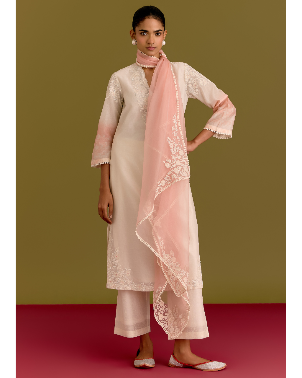 Ivory Pink Embroidered Kurta Set