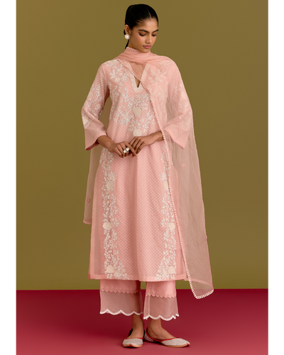 Pink Woven Kurta Set