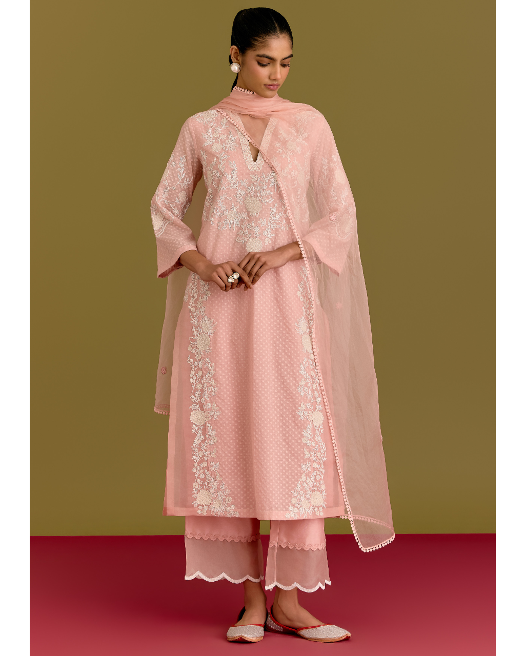 Pink Woven Kurta Set