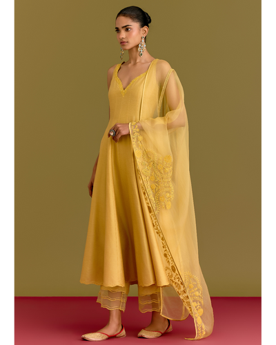 Yellow Cotton Silk Satin Anarkali Set