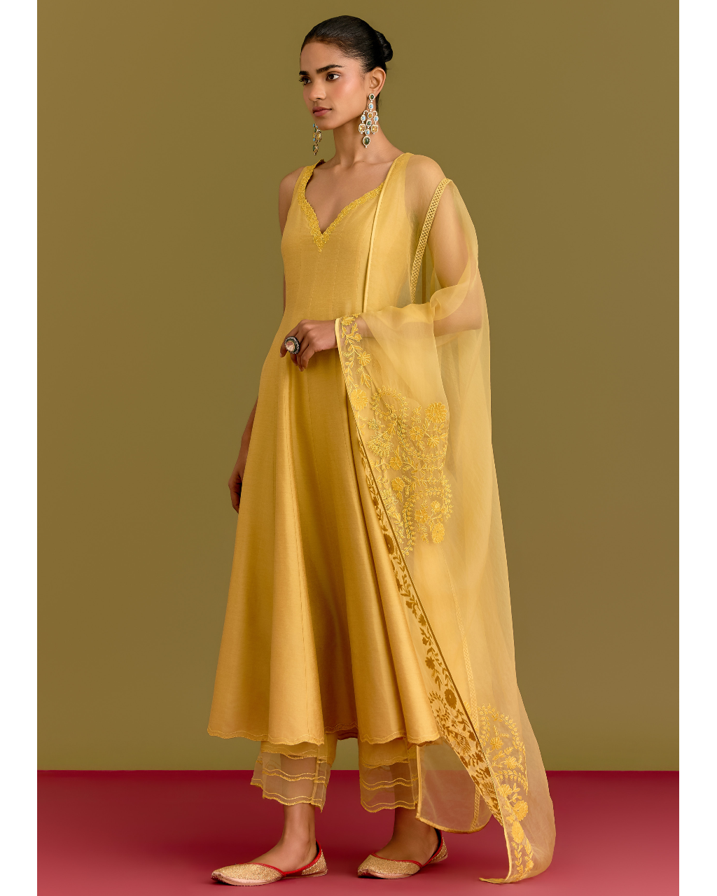 Yellow Cotton Silk Satin Anarkali Set
