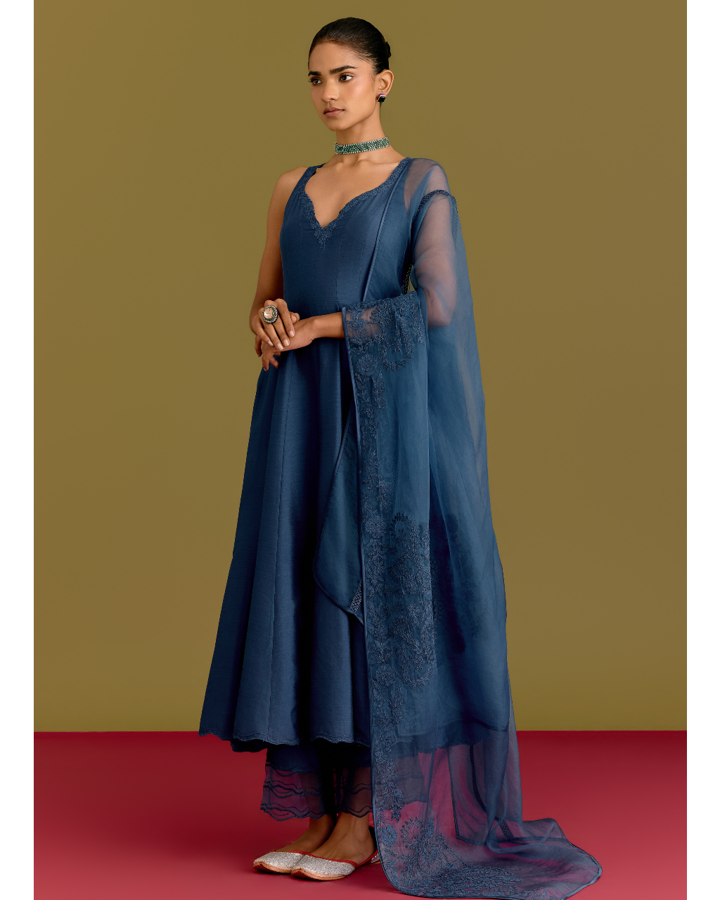 Blue Cotton Silk Satin Anarkali Set