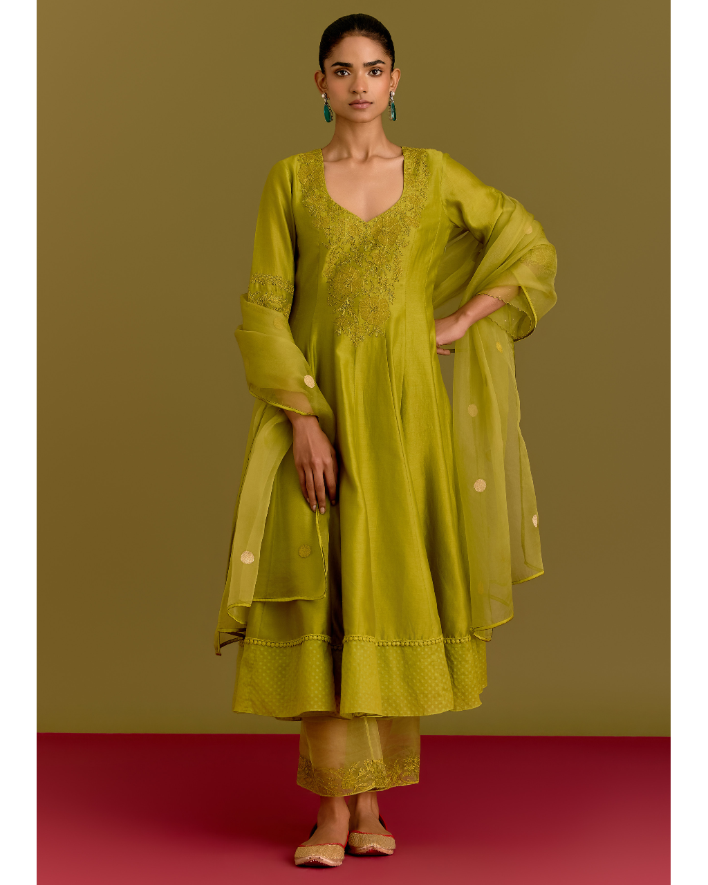 Green Silk Chanderi Anarkali Set
