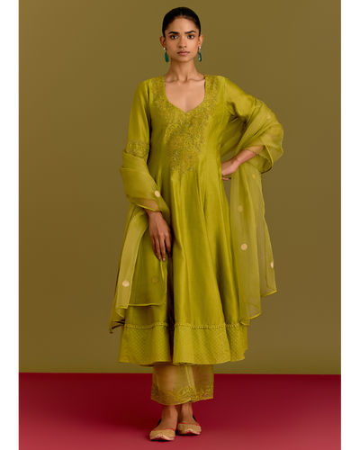 Green Silk Chanderi Anarkali Set