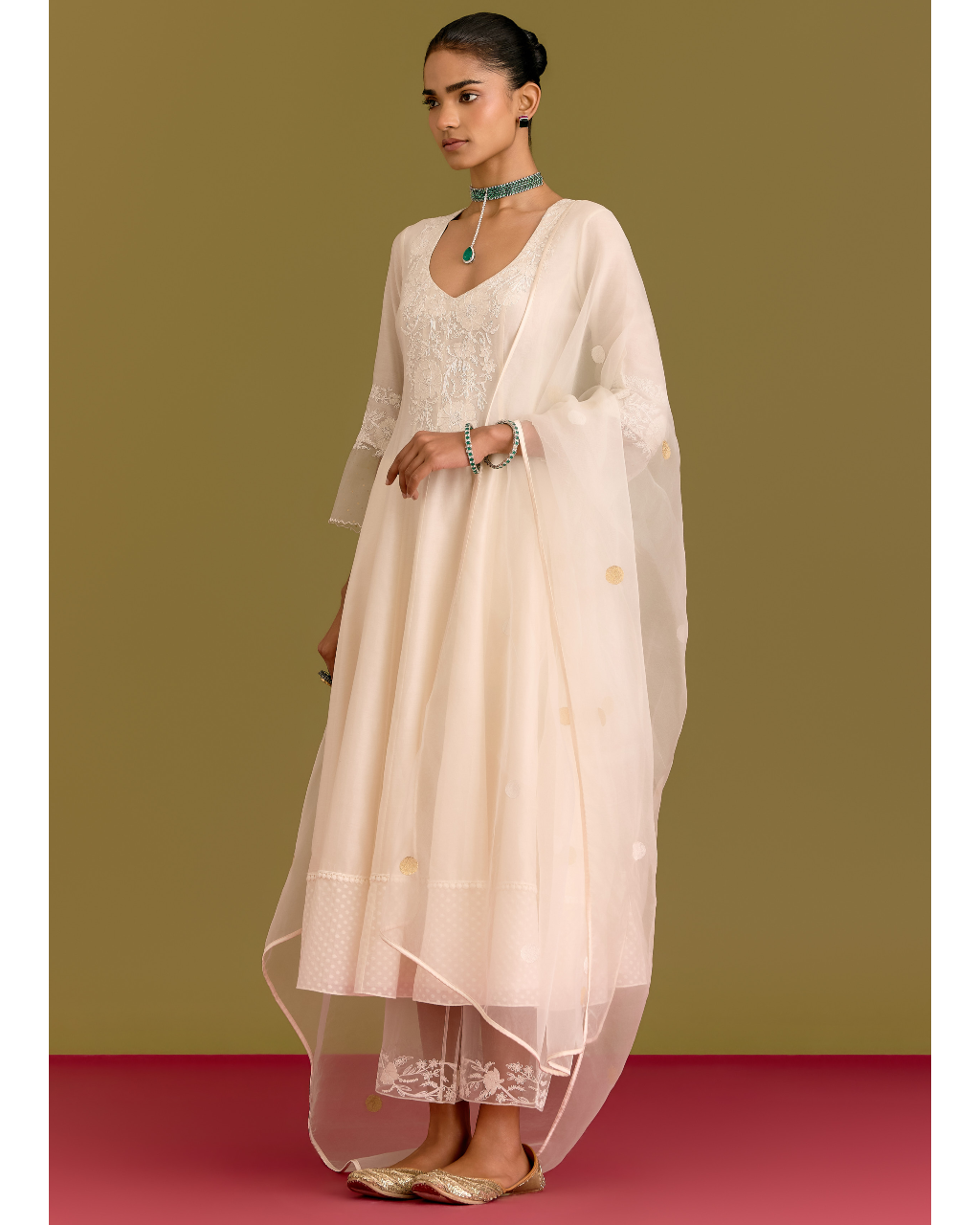 Ivory Silk Chanderi Anarkali Set