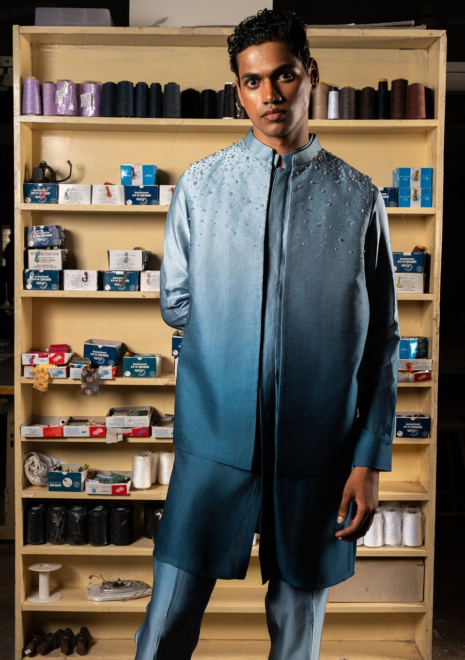 Blue Yaara Open Bandi With Matching Kurta Pajama Set