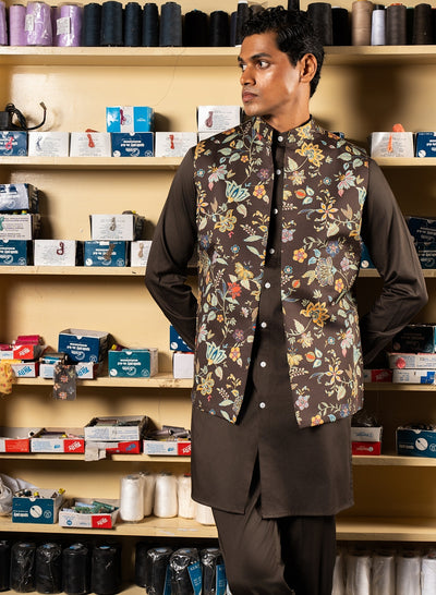 Charcoal Kaari Open Bandi With Matching Kurta Pajama Set