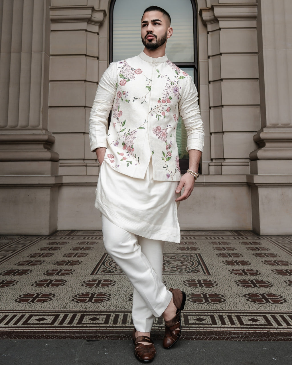 Porcelain Petals Nehru Jacket Set