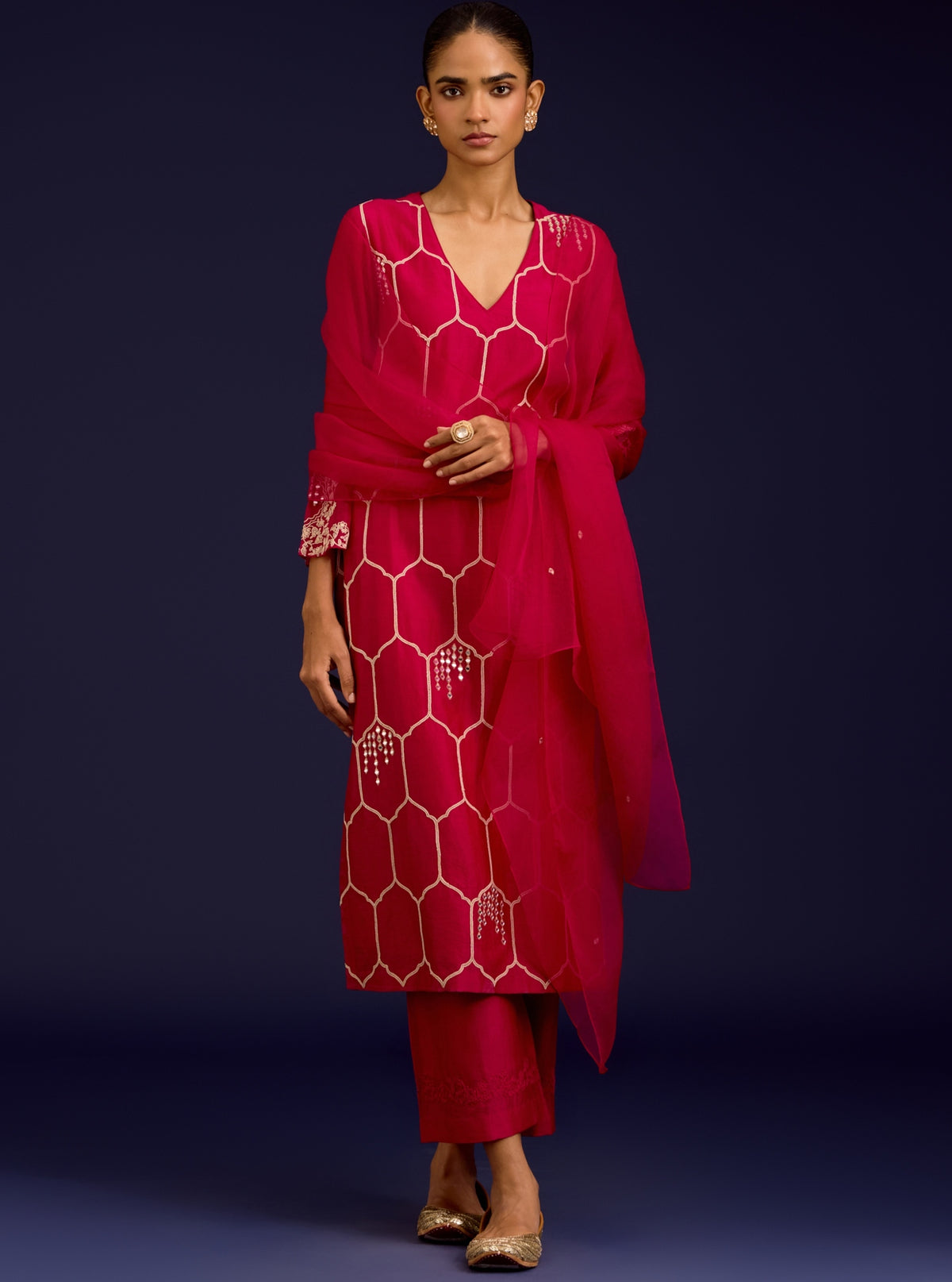 Fuchsia Sequins, Mirror And Dori Embroidered Kurta Set