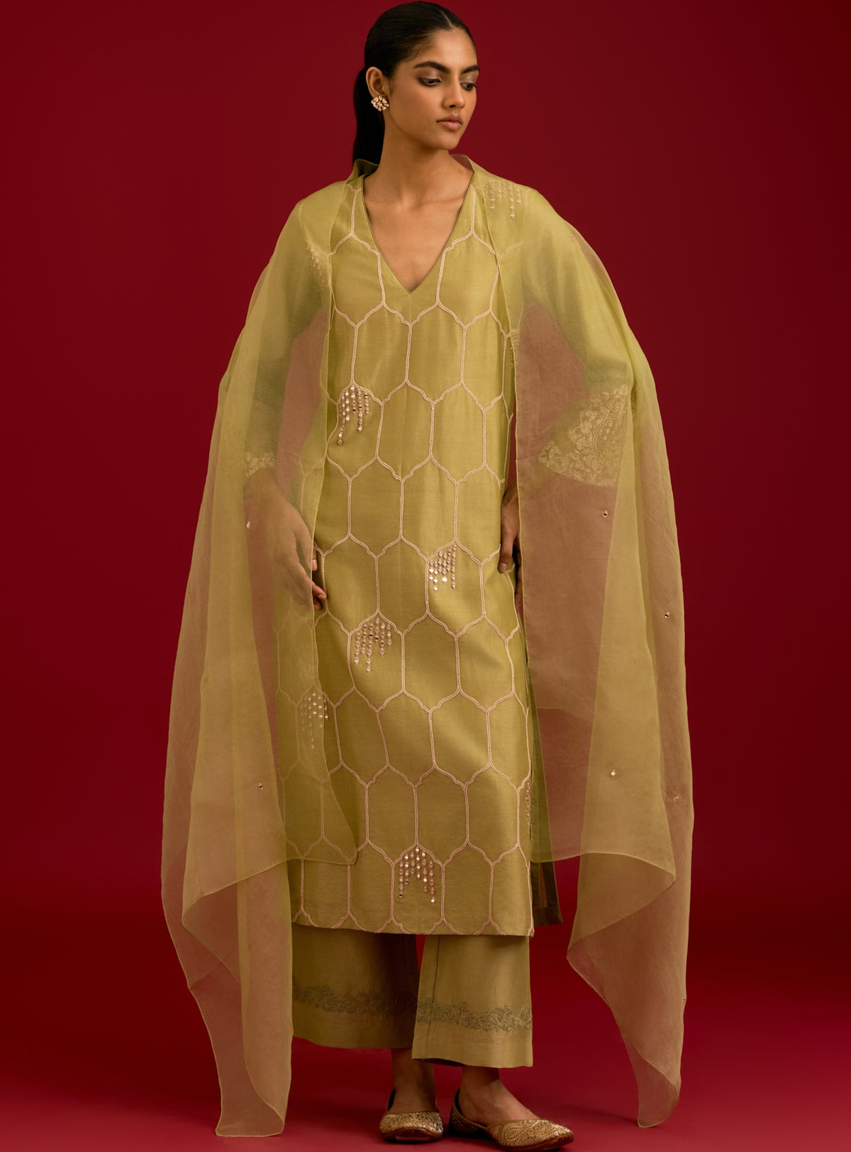 Pistachio Green Sequins, Mirror And Dori Embroidered Kurta Set