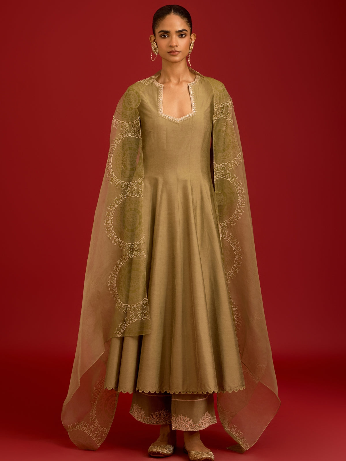 Pistachio Green Cotton Silk Blend Sequins, Mirror And Dori Embroidered Anarkali Set