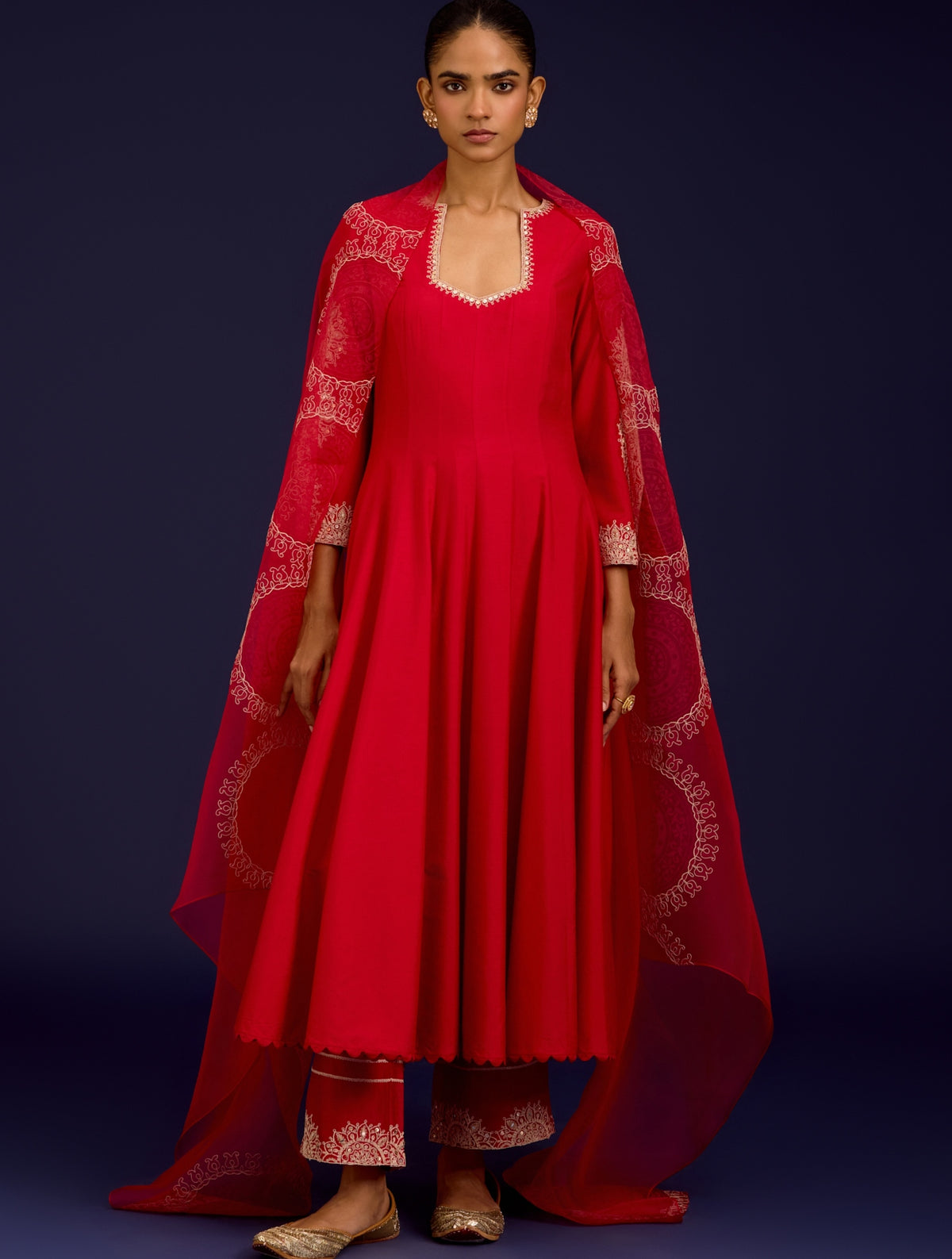 Red Cotton Silk Blend Sequins, Mirror And Dori Embroidered Anarkali Set