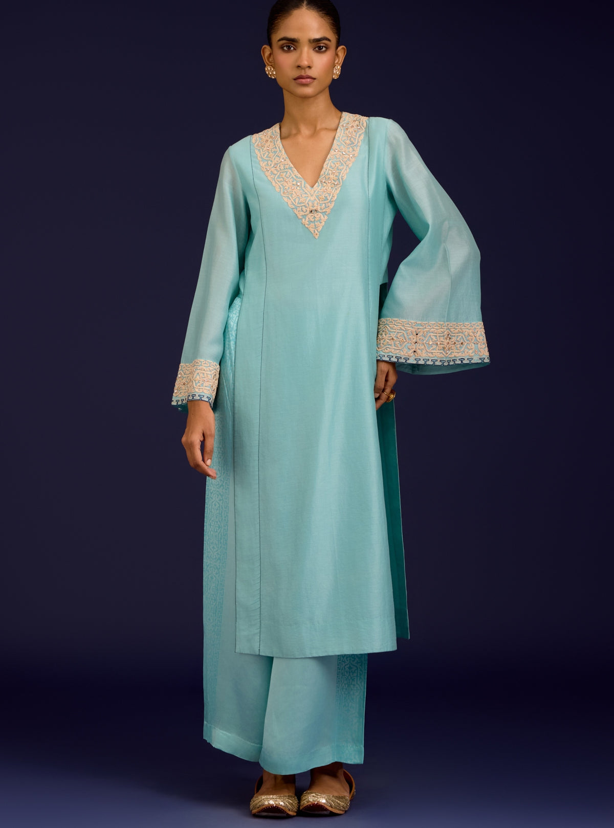 Aqua Blue Silk Chanderi Sequins, Mirror And Dori Embroidered Kurta Set