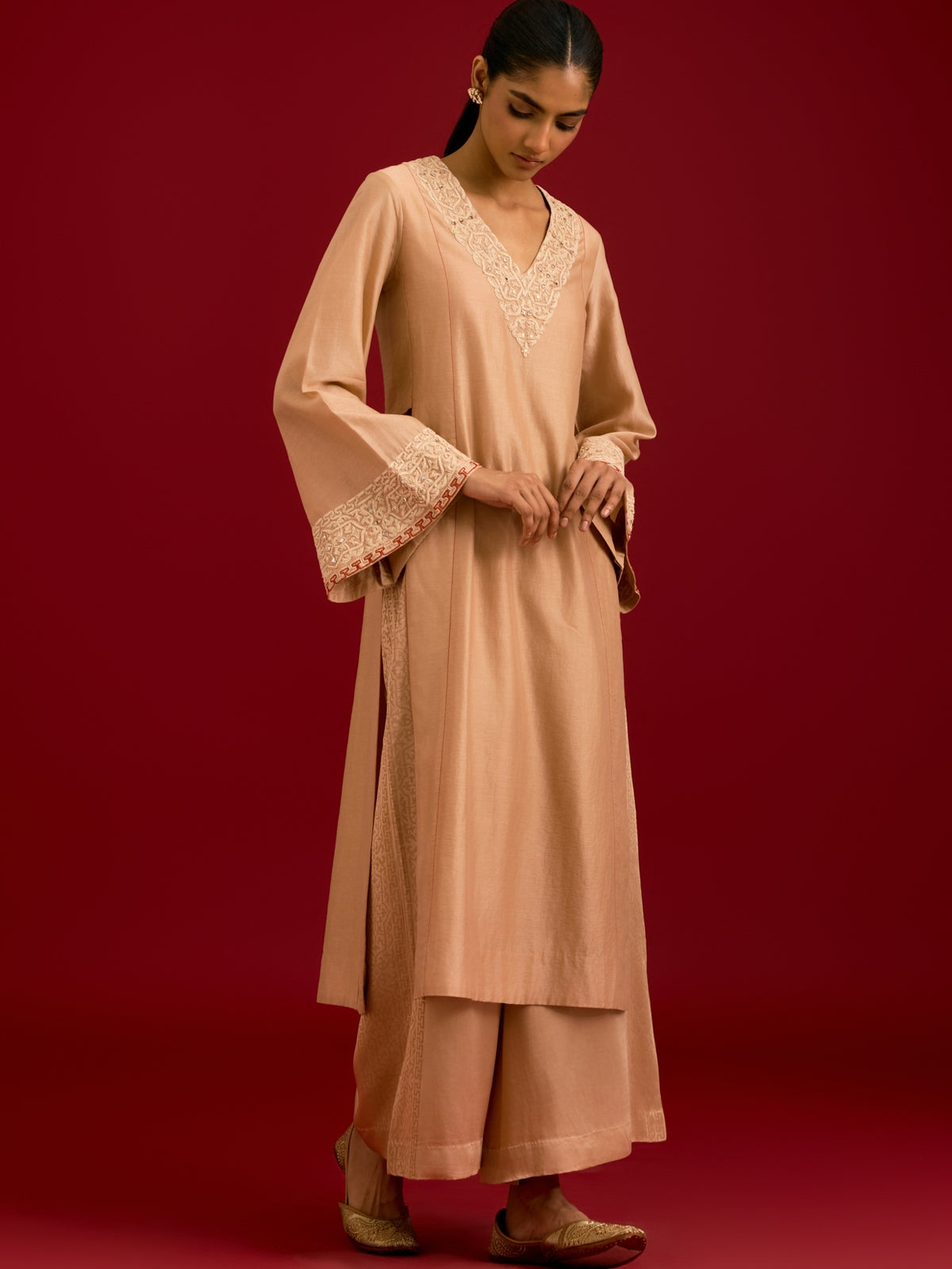 Beige Silk Chanderi Sequins, Mirror And Dori Embroidered Kurta Set