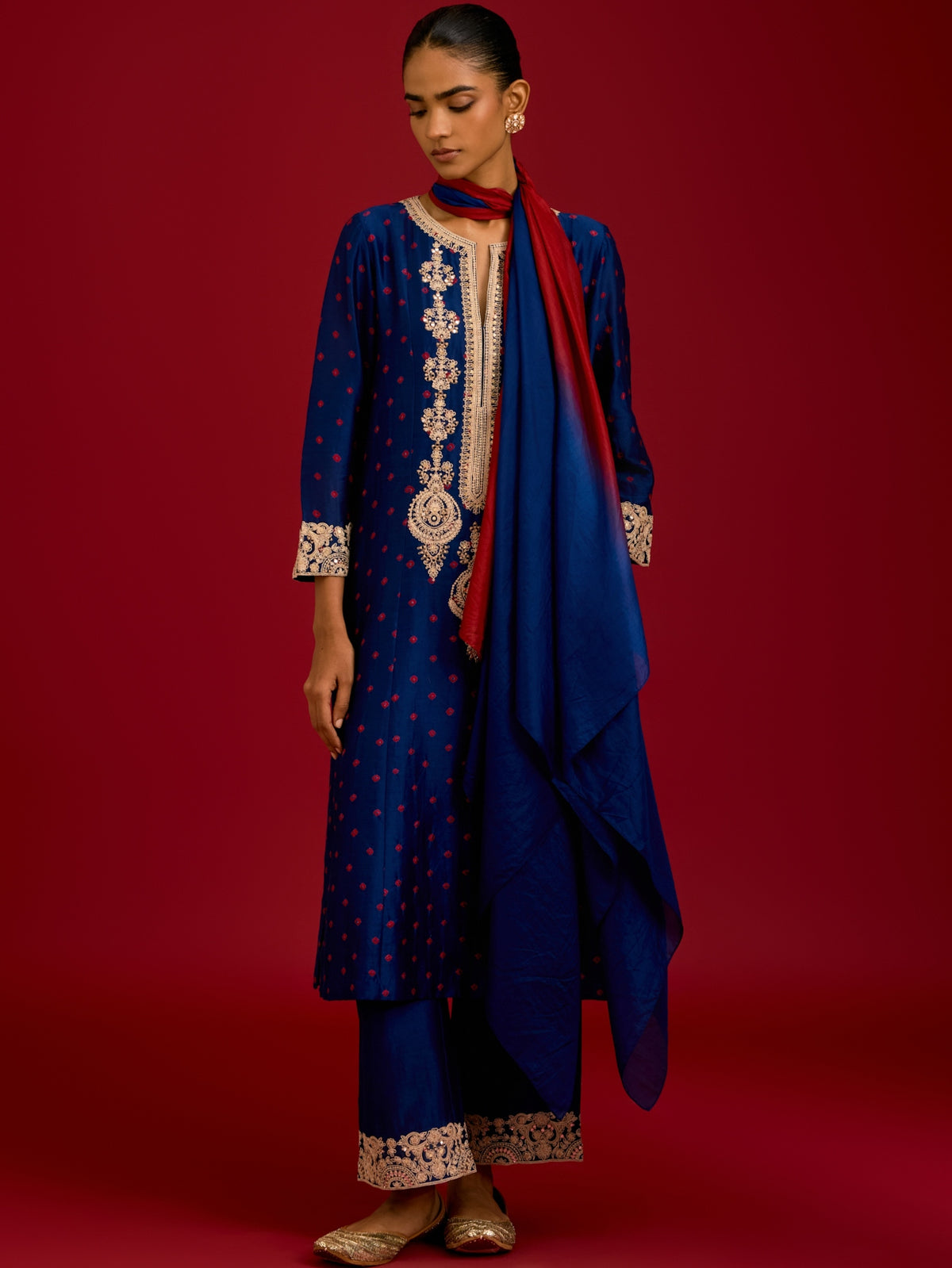 Navy Bhandhej Sequins, Mirror And Dori Embroidered Kurta Set