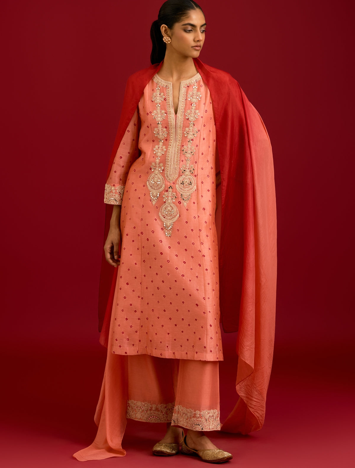 Peach Bhandhej Sequins, Mirror And Dori Embroidered Kurta Set