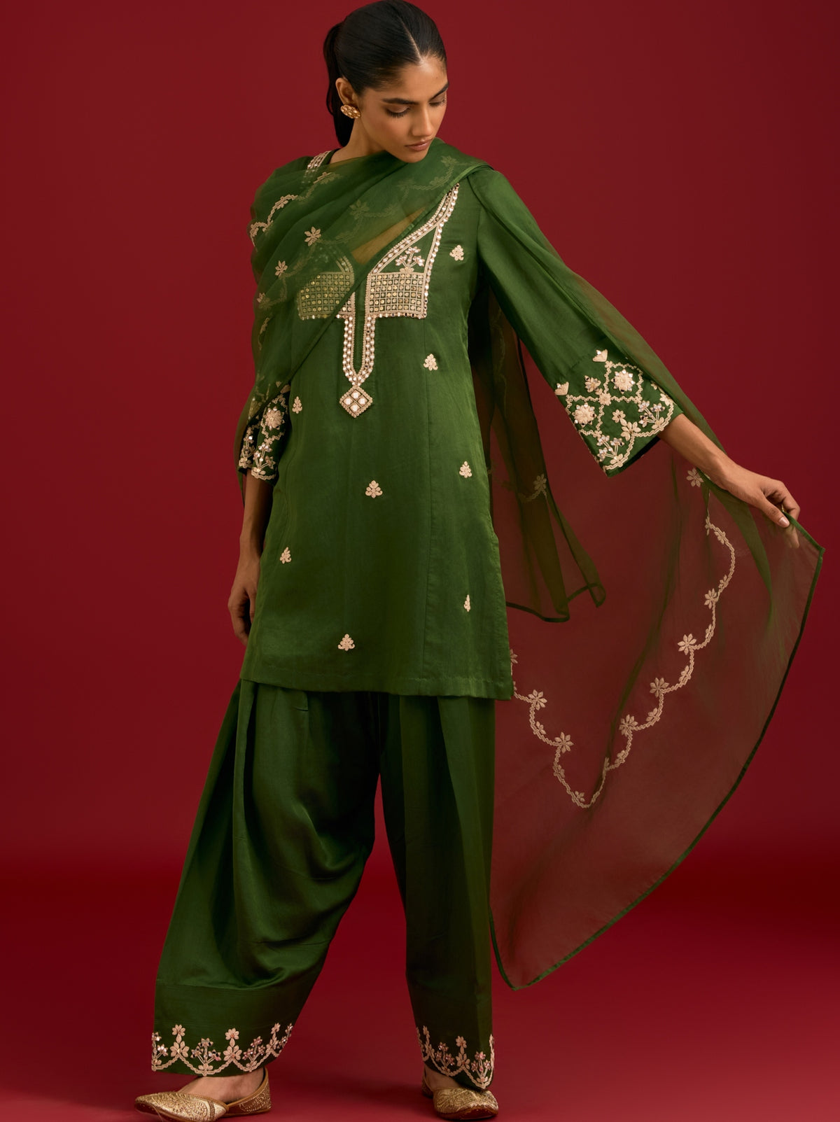 Green Cotton Silk Satin Sequins, Mirror And Dori Embroidered Kurta Set
