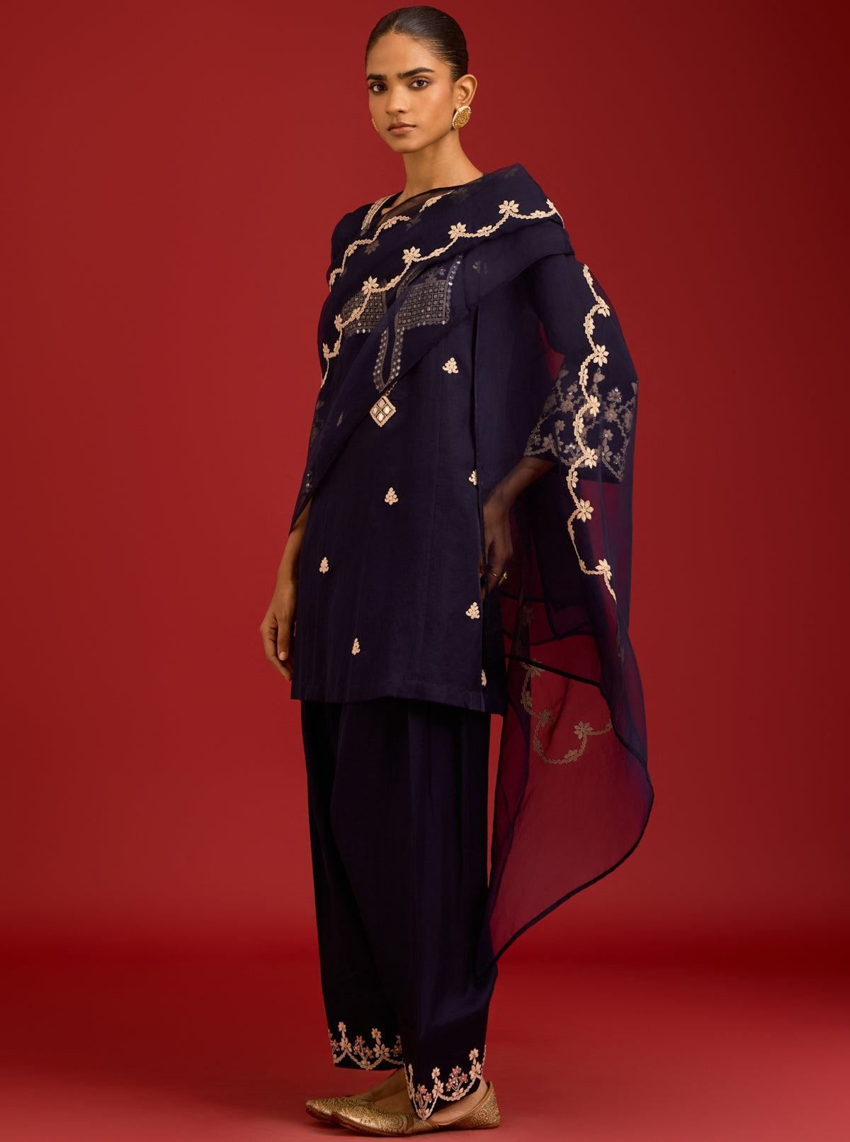 Navy Cotton Satin Sequins, Mirror And Dori Embroidered Kurta Set