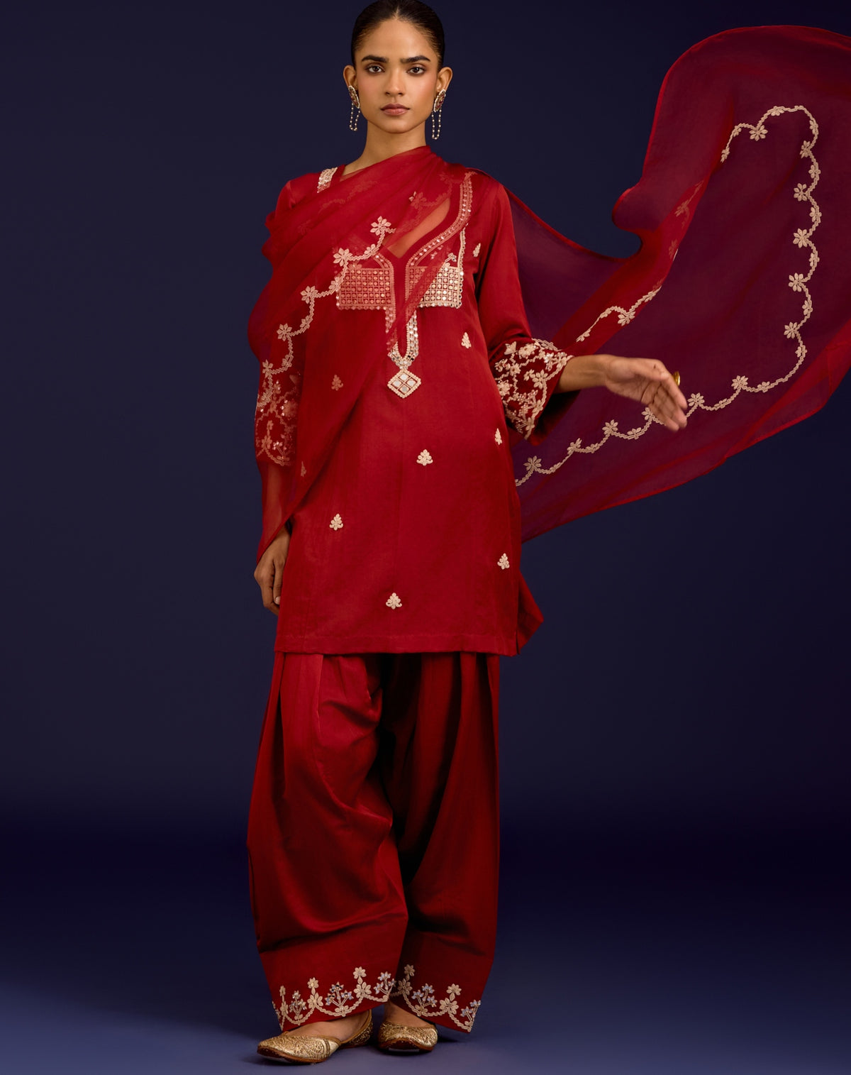 Rust Cotton Satin Sequins, Mirror And Dori Embroidered Kurta Set