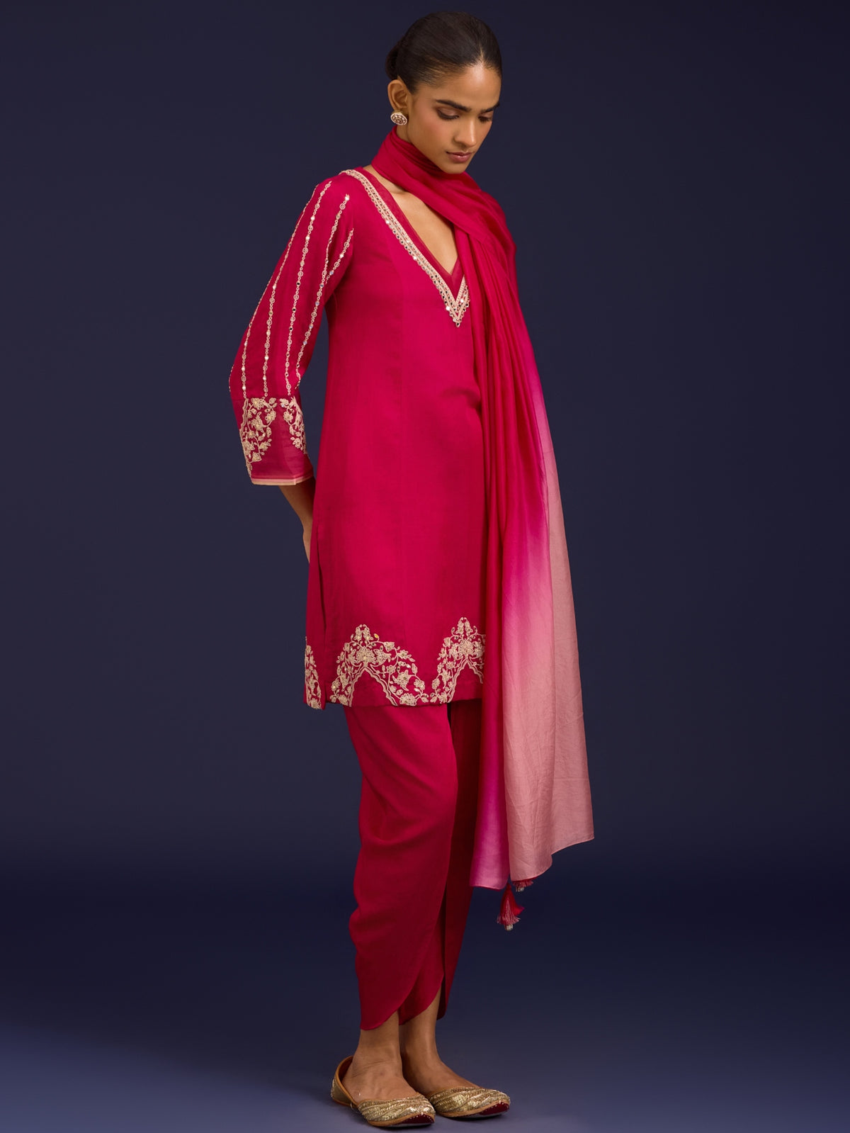 Fuchsia Cotton Silk Satin Sequins, Mirror And Dori Embroidered Kurta Set