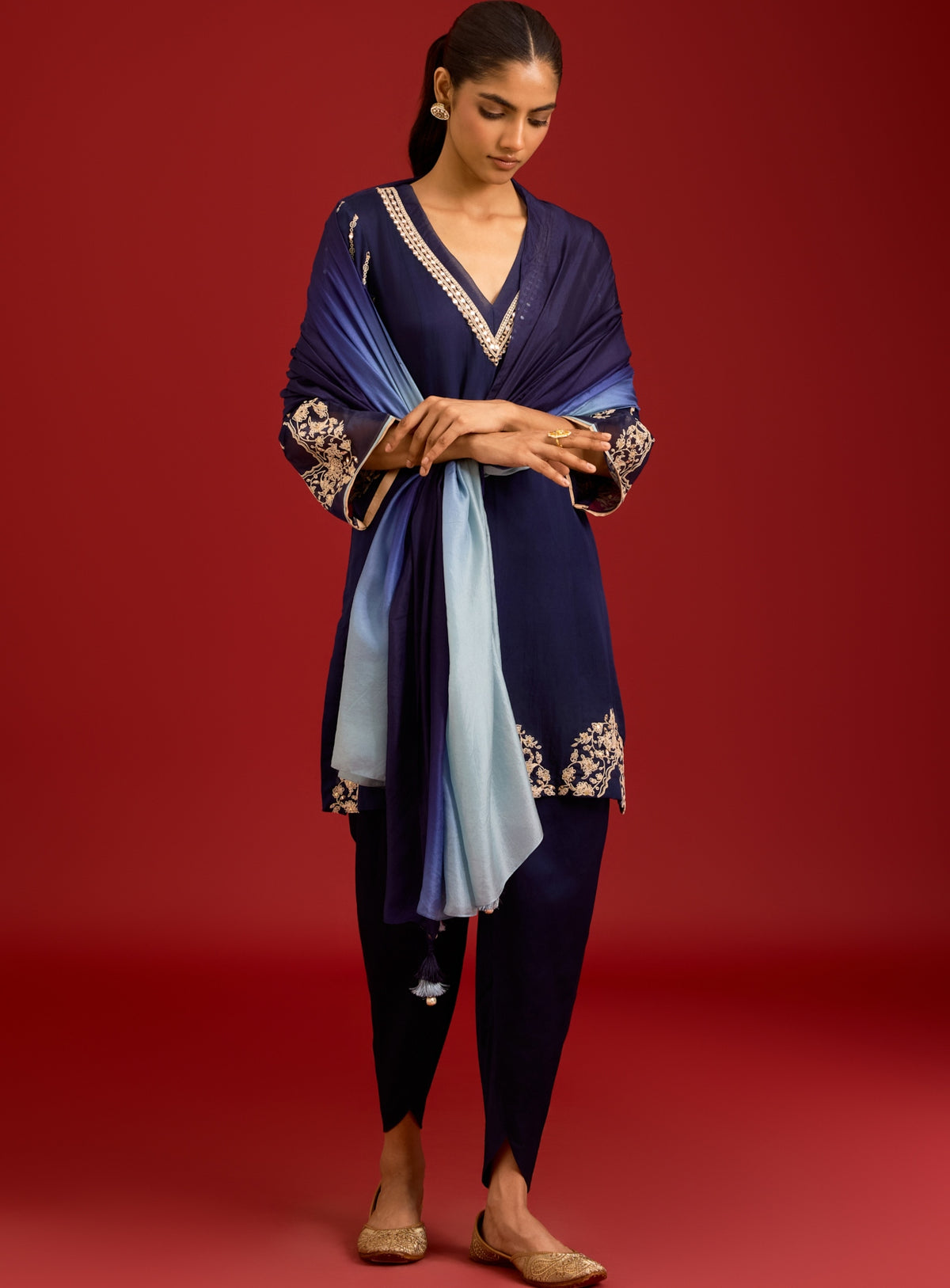 Navy Blue Cotton Silk Satin Sequins, Mirror And Dori Embroidered Kurta Set