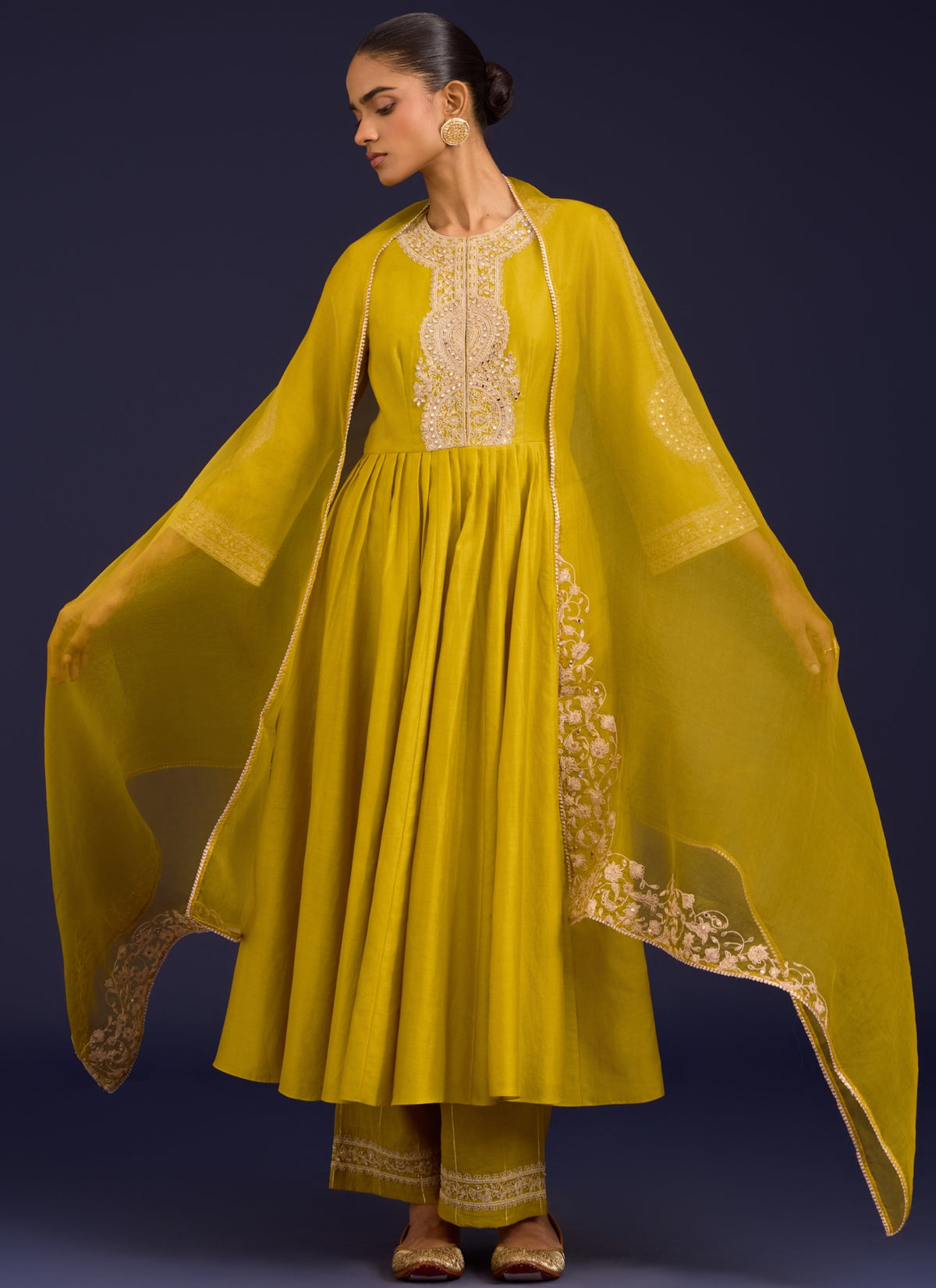 Mustard Silk Chanderi Sequins, Mirror And Dori Embroidered Anarkali Set