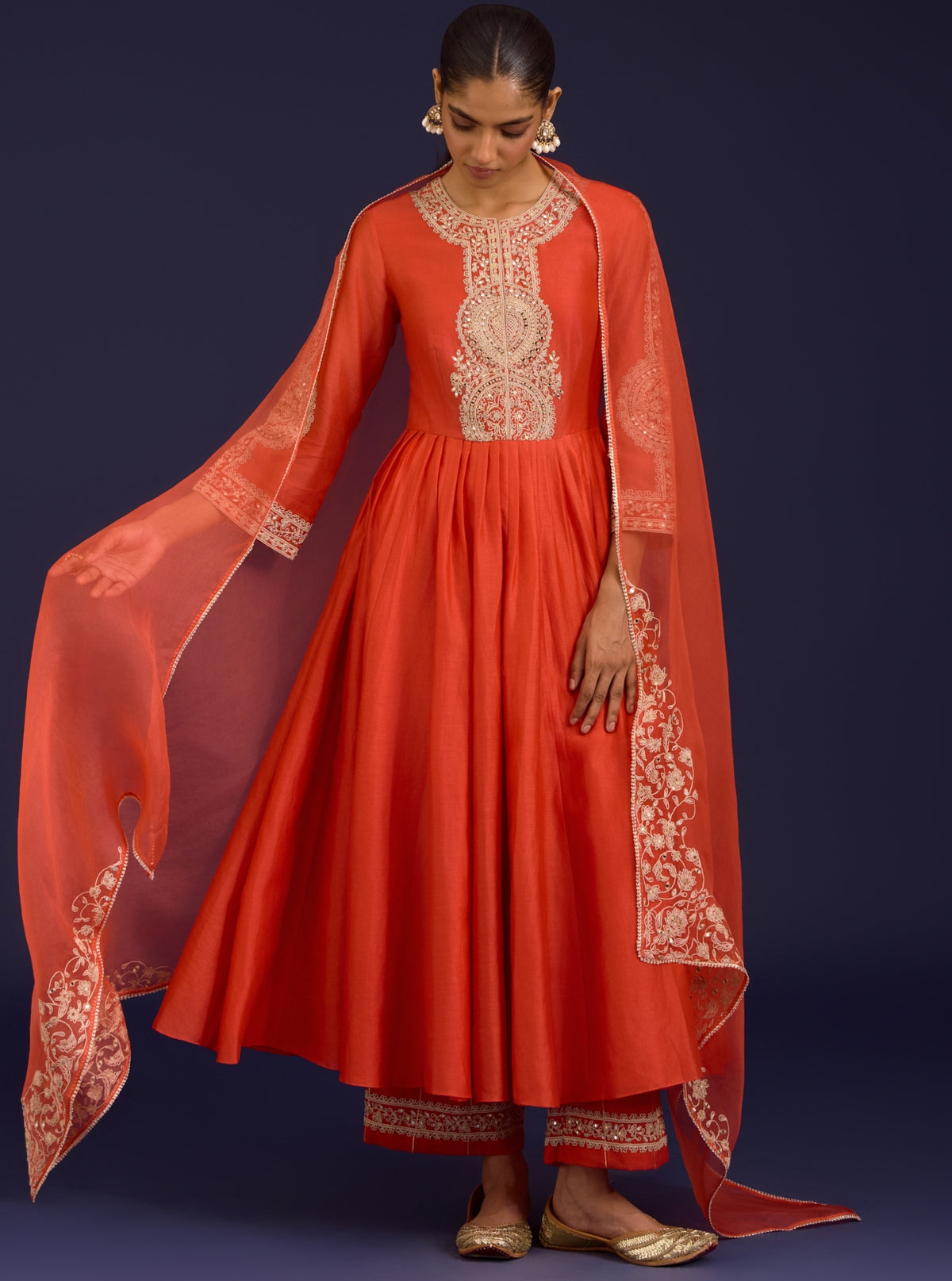 Orange Silk Chanderi Sequins, Mirror And Dori Embroidered Anarkali Set