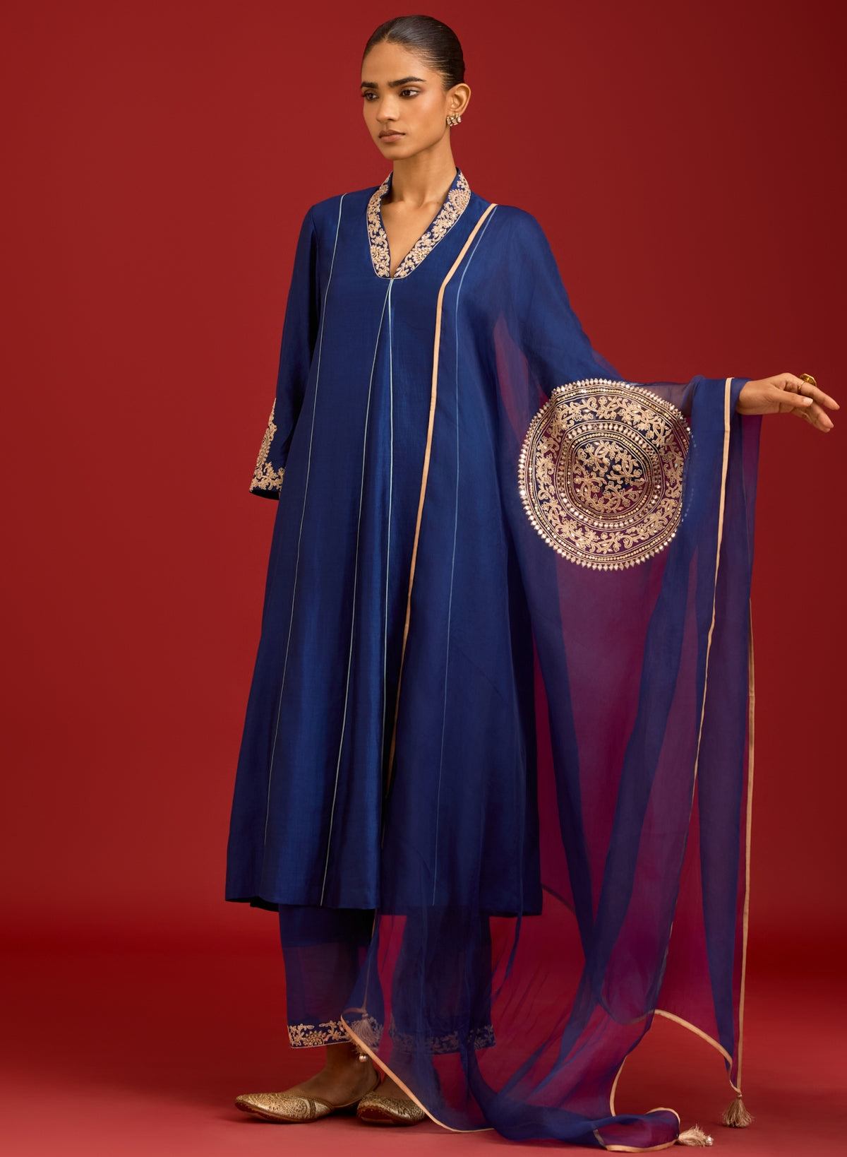 Navy Chinniya Silk Sequins, Mirror And Dori Embroidered Kurta Set
