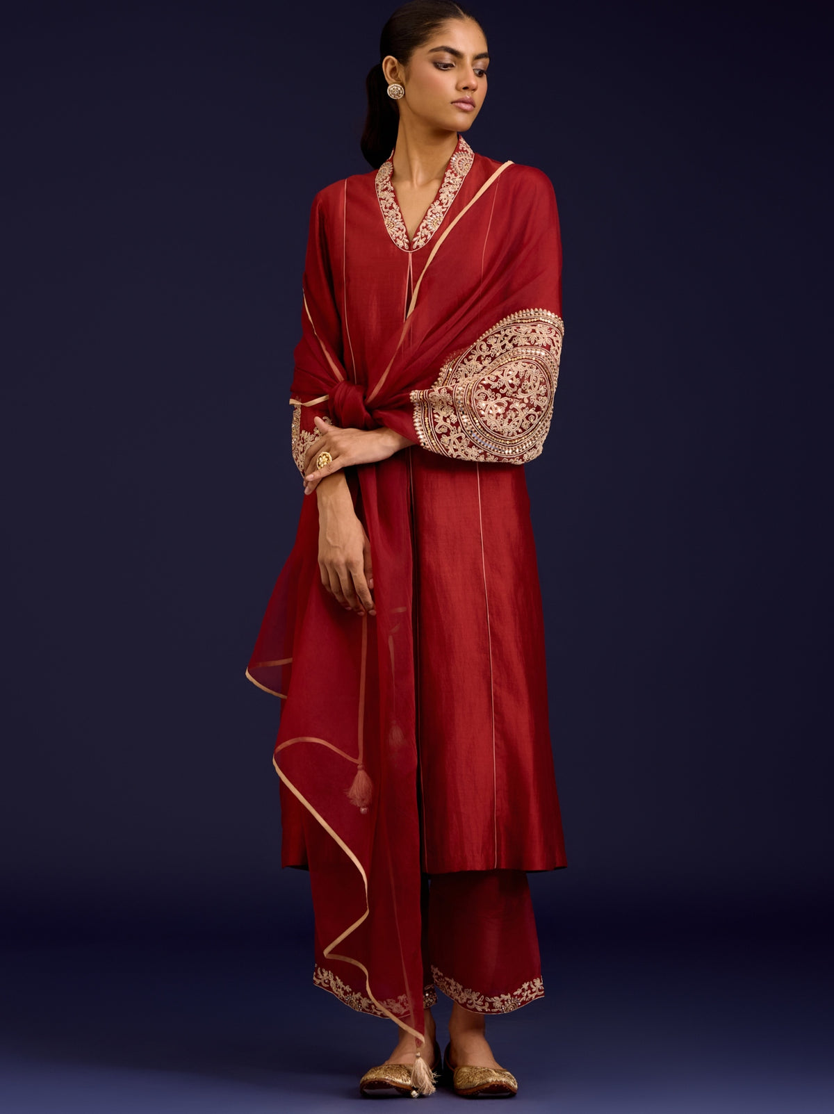 Rust Chinniya Silk Sequins, Mirror And Dori Embroidered Kurta Set