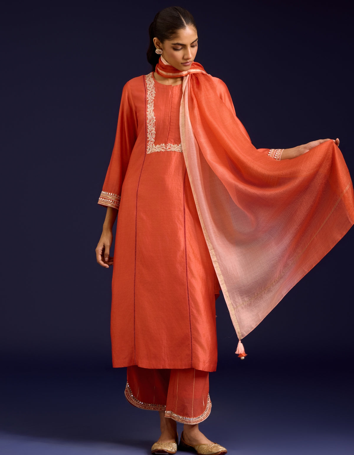 Orange Chinniya Silk Sequins, Mirror And Dori Embroidered Kurta Set