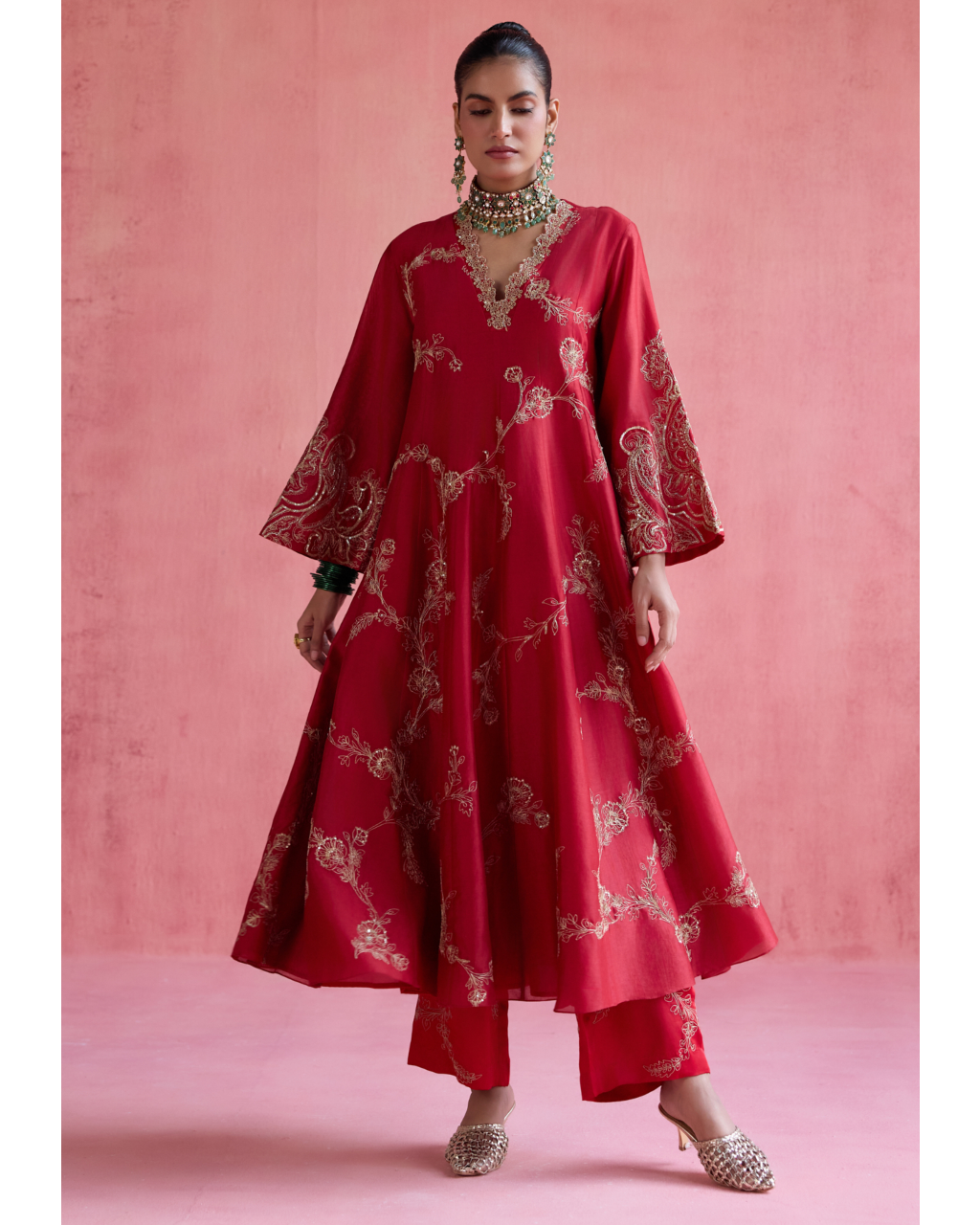 Nazm Anarkali Set - Red