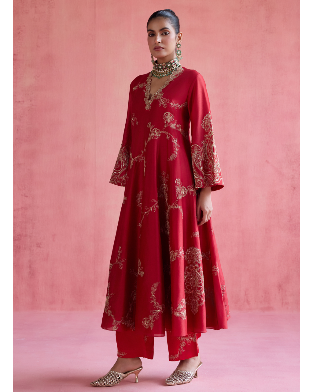 Nazm Anarkali Set - Red